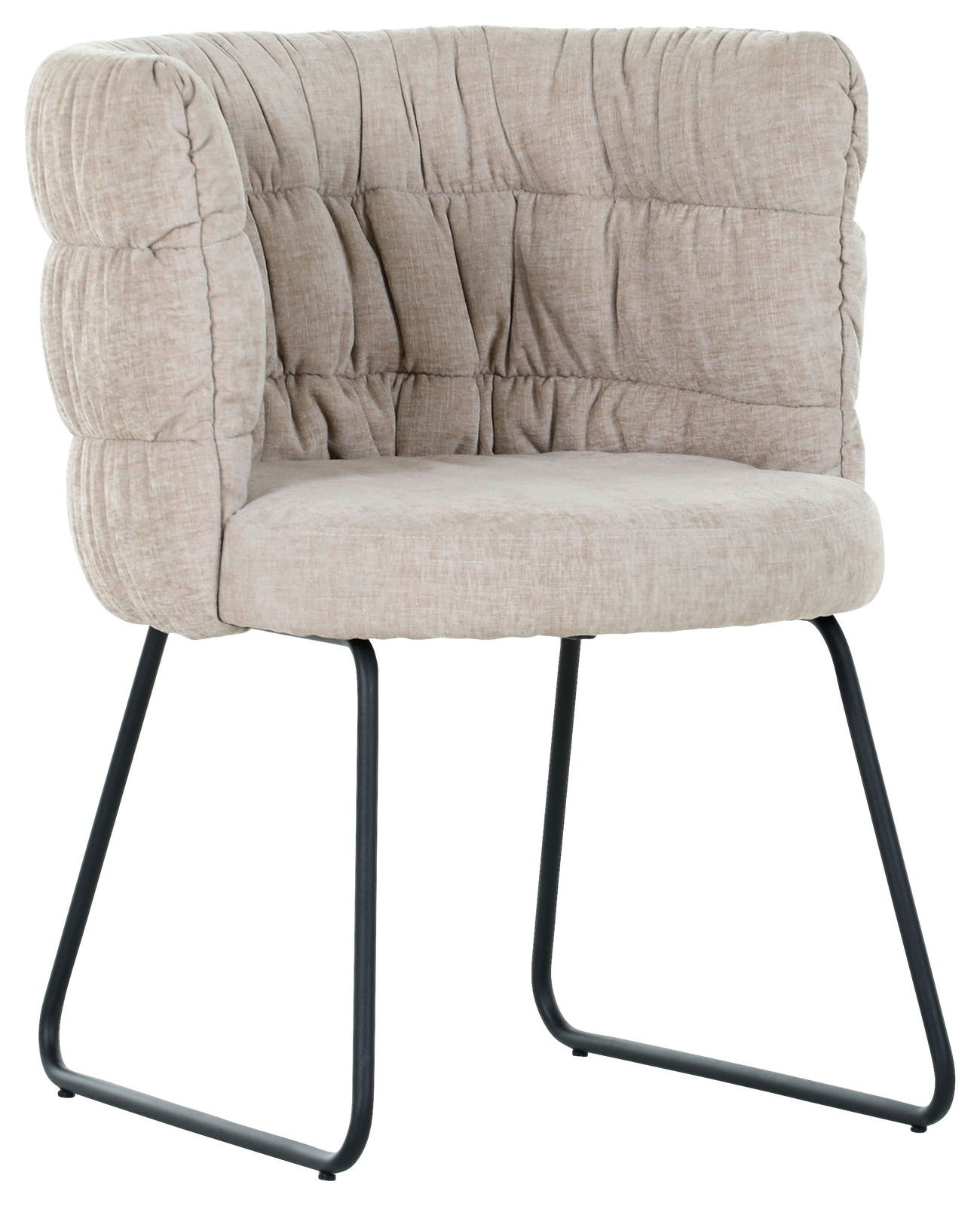 Beiger Armlehnstuhl mit gepolsterter Rückenlehne und schwarzen Metallbeinen, seitliche Perspektive