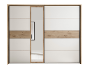 Schwebetürenschrank mit Holz- und Spiegelelementen, Frontalansicht