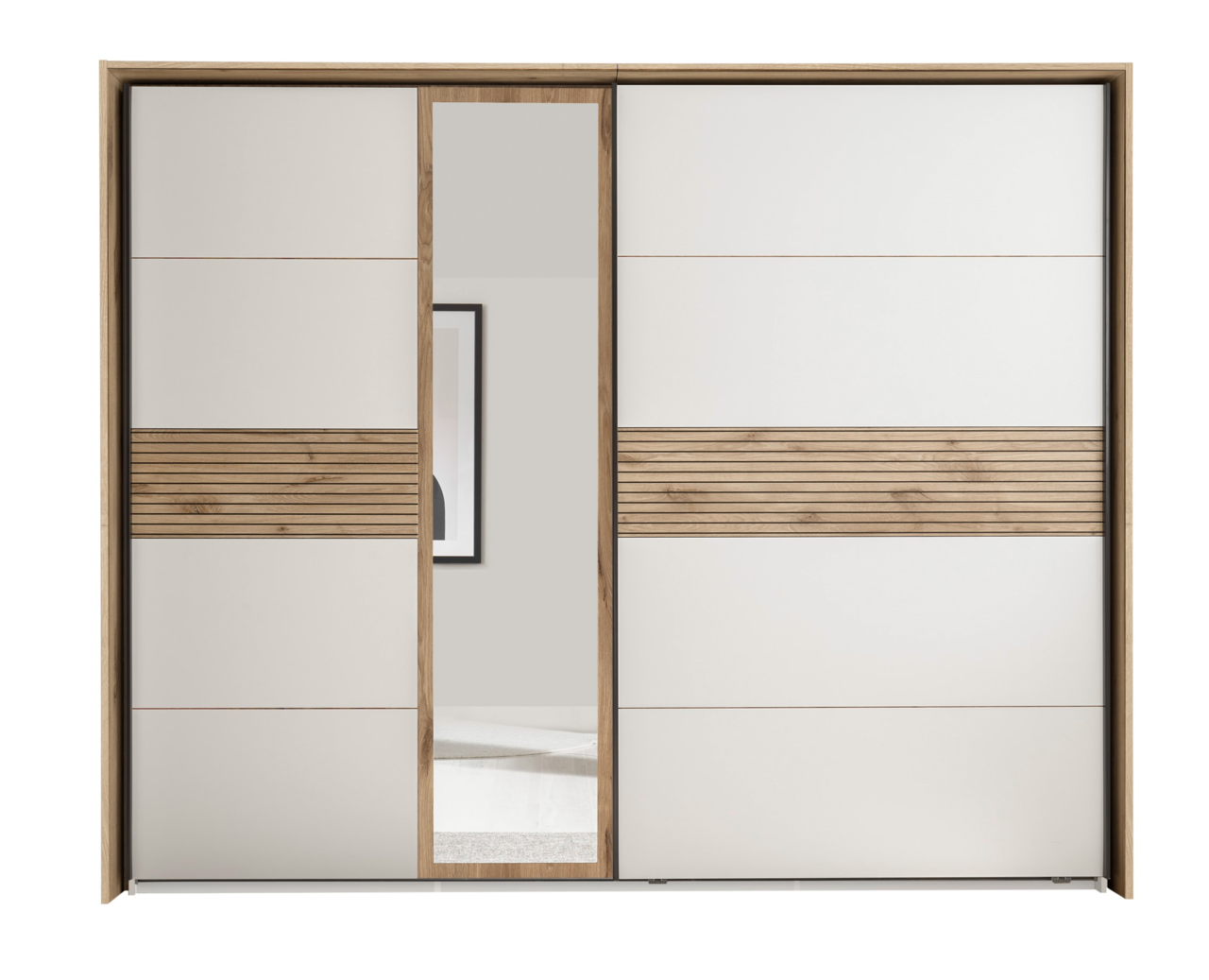 Schwebetürenschrank mit Holz- und Spiegelelementen, Frontalansicht