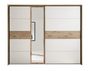 Schwebetürenschrank mit Holz- und Spiegelelementen, Frontalansicht