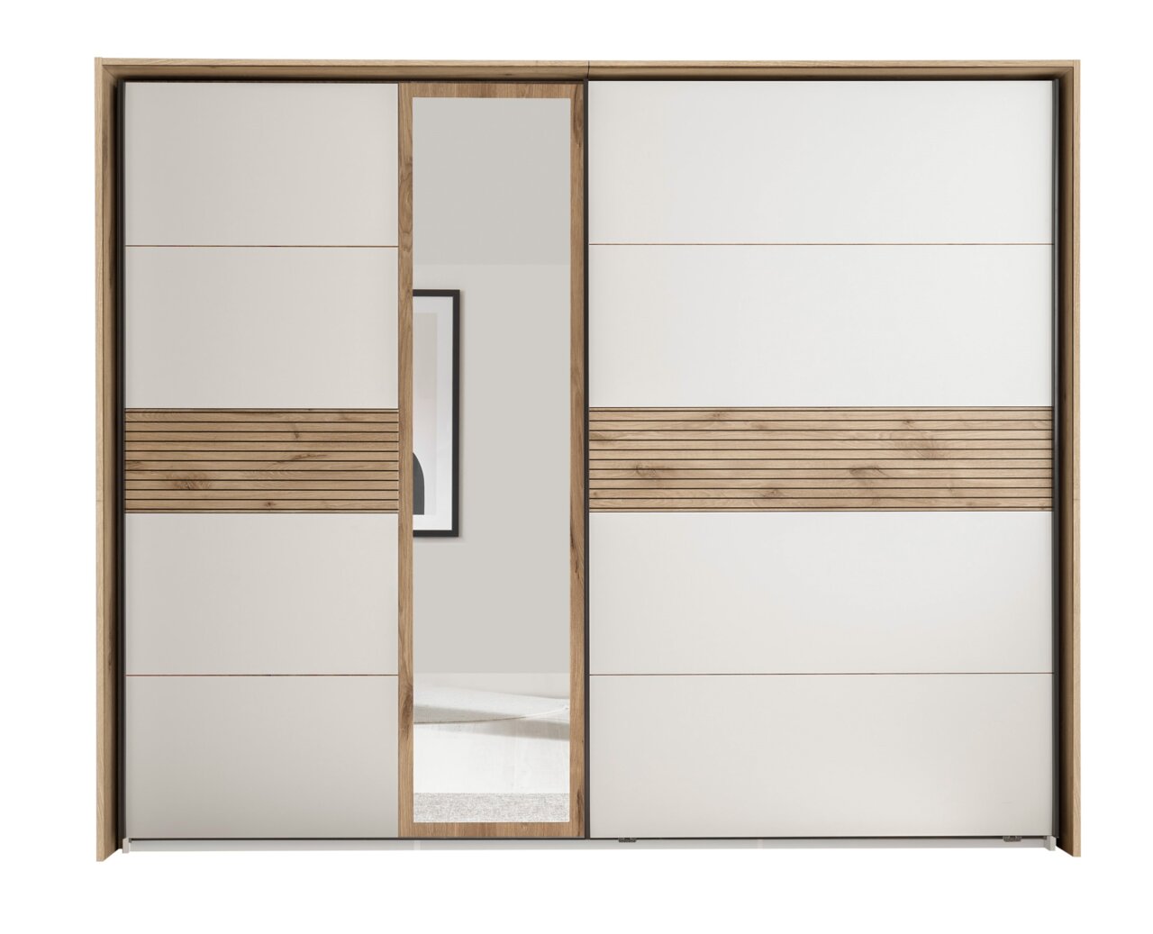 Schwebetürenschrank mit Holz- und Spiegelelementen, Frontalansicht