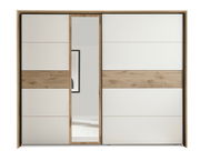 Schwebetürenschrank mit Holz- und Spiegelelementen, Frontalansicht