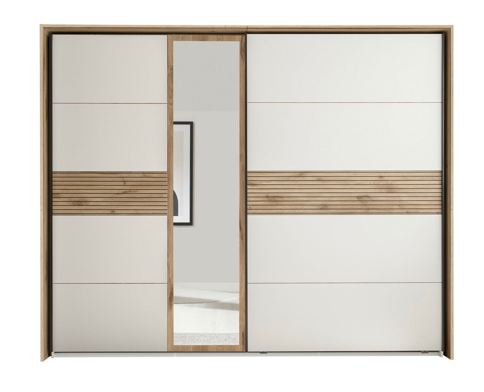 Schwebetürenschrank mit Holz- und Spiegelelementen, Frontalansicht