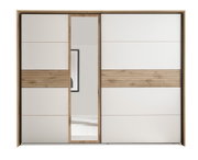 Schwebetürenschrank mit Holz- und Spiegelelementen, Frontalansicht