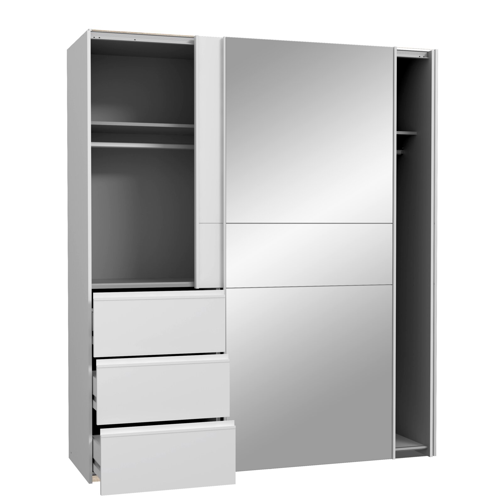 Schwebetürenschrank mit zwei Türen, einer davon mit Spiegel, in geöffneter Perspektive. Links sind drei Schubladen und ein offenes Fach sichtbar.