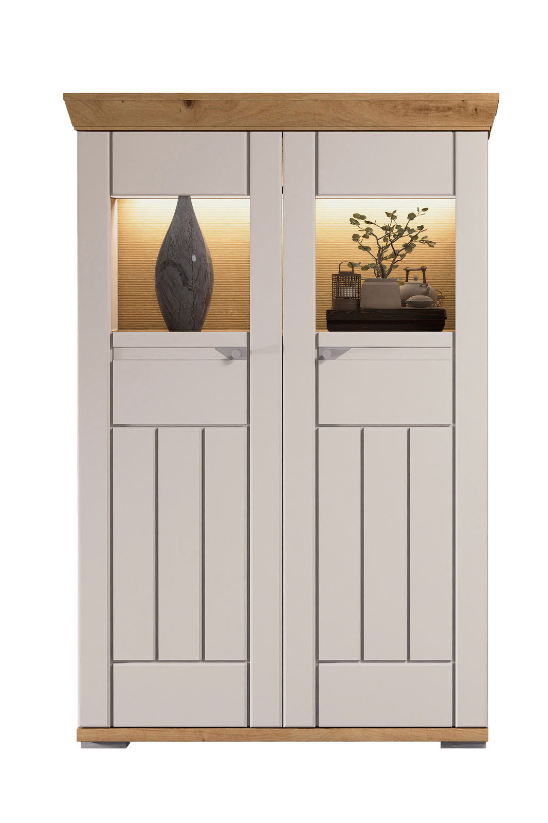 Frontansicht eines modernen Highboards mit Holzdetails und beleuchteten Fächern, dekoriert mit einer Vase und Pflanzen.