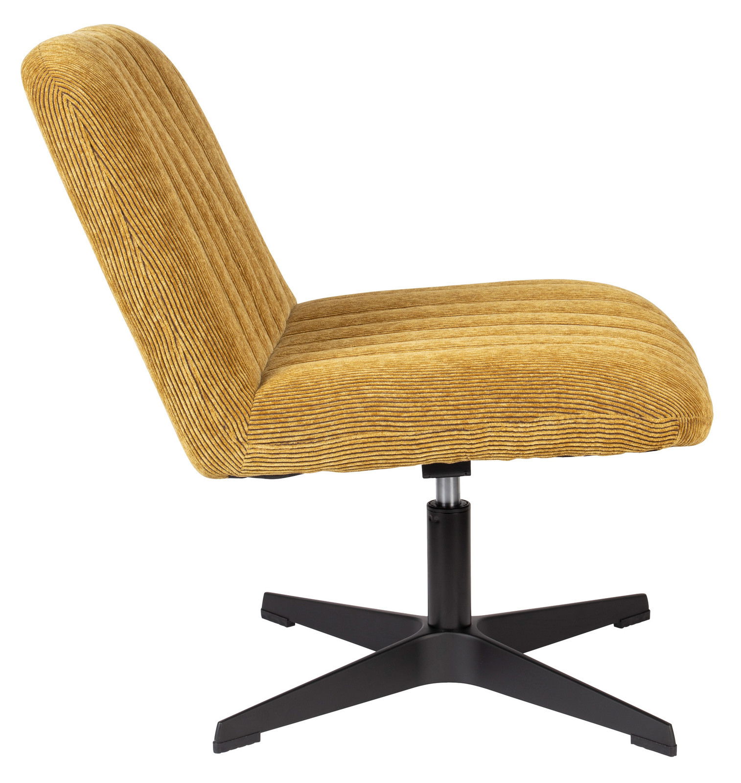 Seitliche Ansicht eines gelben Sessels mit geripptem Stoffbezug und schwarzem Drehfuß.