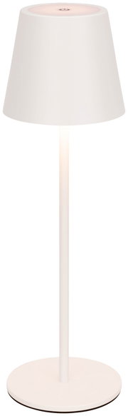 Moderne weiße Akku-Tischleuchte mit konischem Lampenschirm, seitliche Ansicht