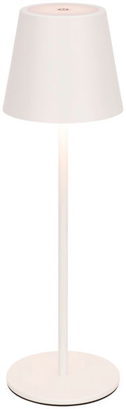 Moderne weiße Akku-Tischleuchte mit konischem Lampenschirm, seitliche Ansicht