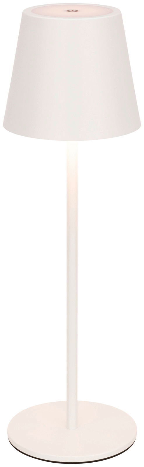 Moderne weiße Akku-Tischleuchte mit konischem Lampenschirm, seitliche Ansicht