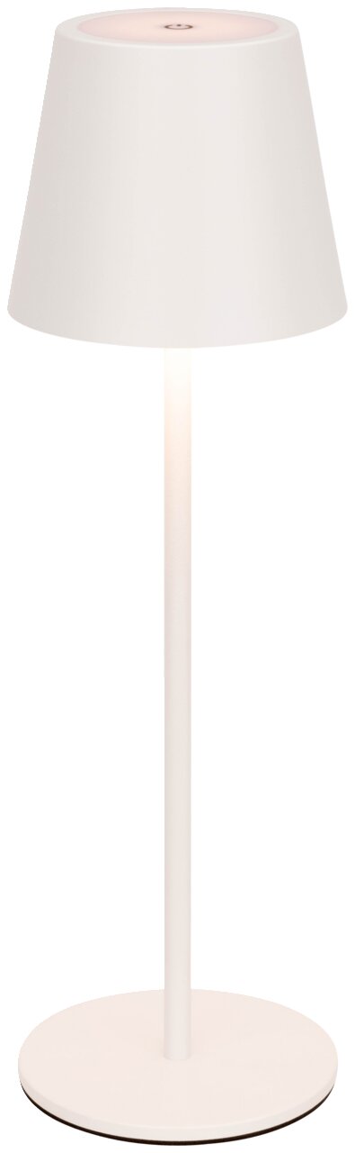 Moderne witte accu-tafellamp met conische lampenkap, zijaanzicht