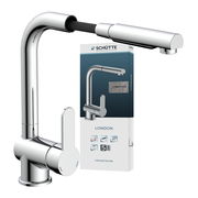 Moderne Spültischarmatur in Chromoptik mit flexiblem Auslauf, seitlicher Hebel und Verpackung im Hintergrund, seitliche Perspektive