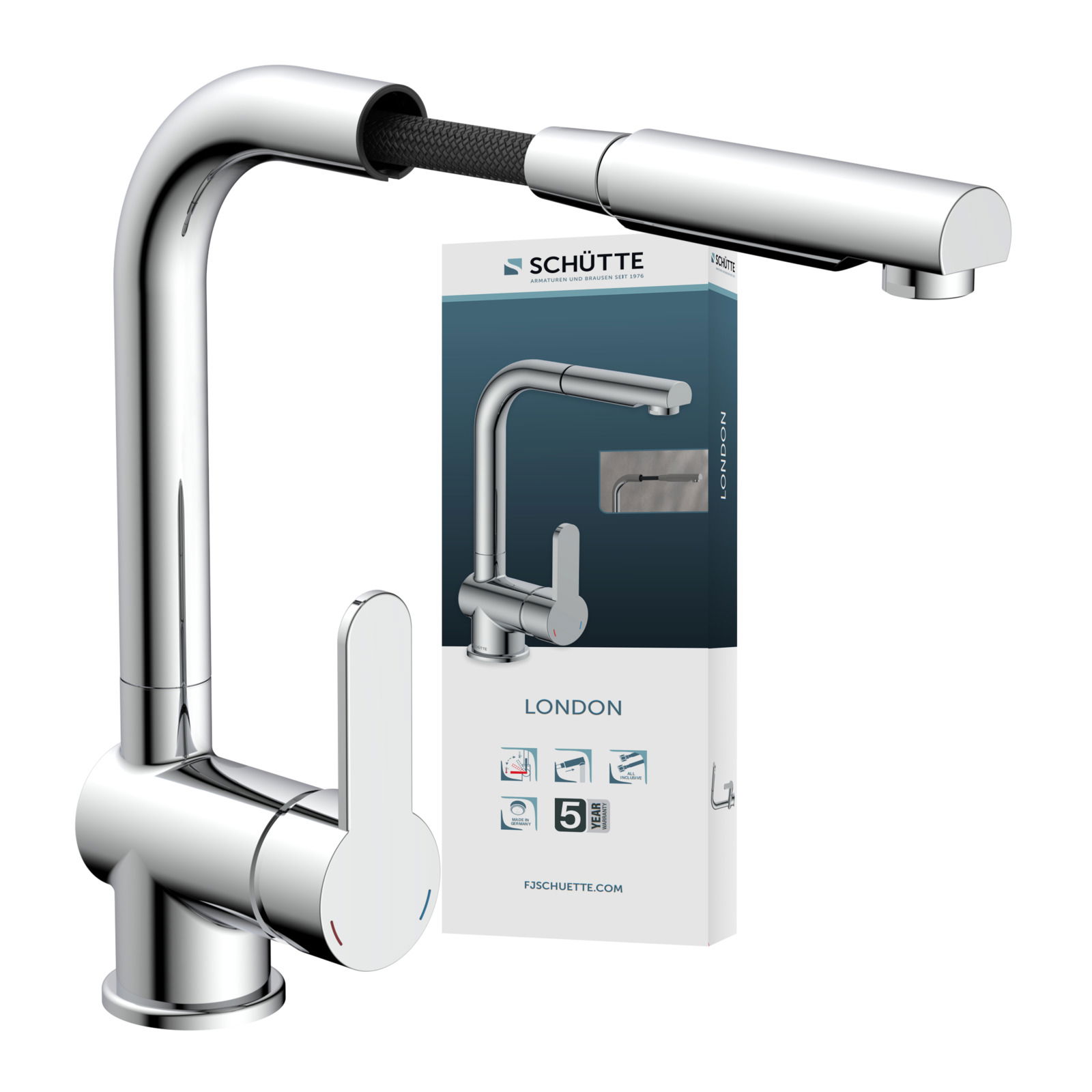 Moderne Spültischarmatur in Chromoptik mit flexiblem Auslauf, seitlicher Hebel und Verpackung im Hintergrund, seitliche Perspektive