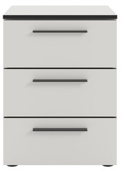 Moderne Nachtkommode mit drei Schubladen, frontal abgebildet, in schlichtem Design mit schwarzen Griffen.