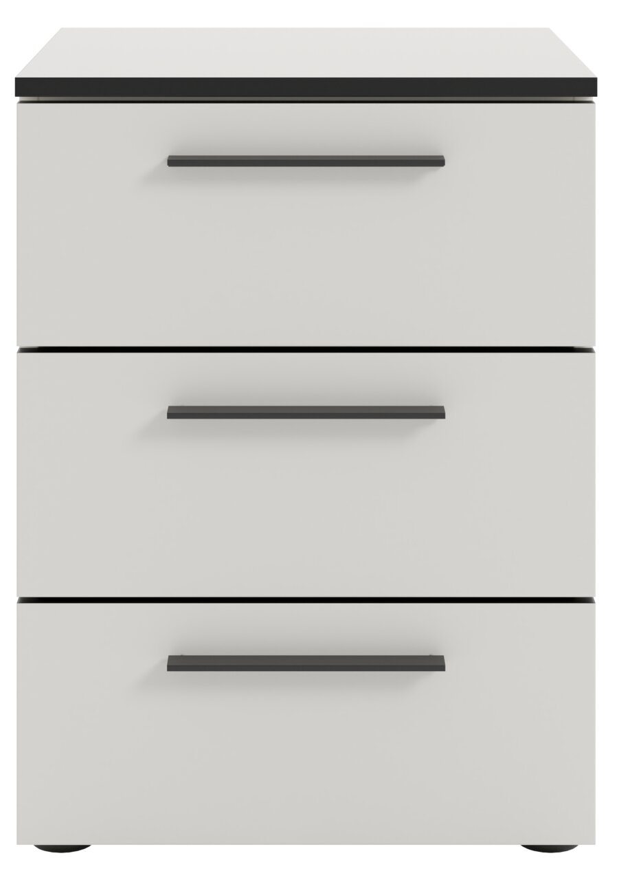 Moderne nachtkastje met drie lades, hier afgebeeld van voren, in een strak ontwerp met zwarte handgrepen.