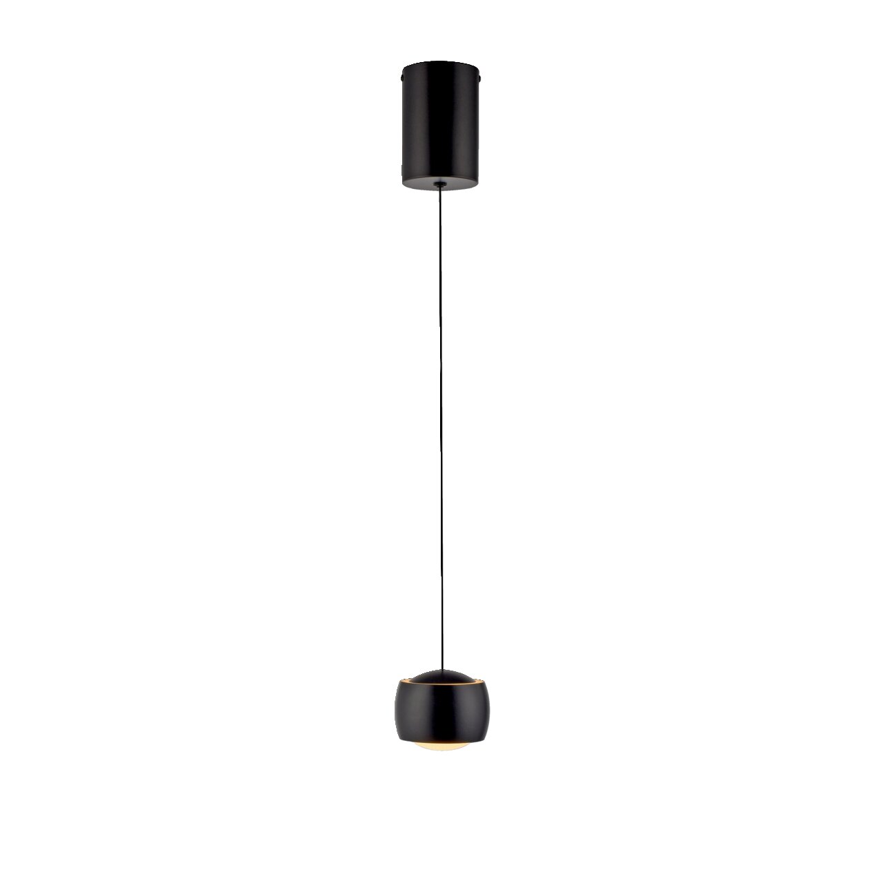 Moderne schwarze Pendelleuchte mit zylindrischem Schirm, von der Decke hängend, seitliche Perspektive
