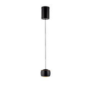 Moderne schwarze Pendelleuchte mit zylindrischem Schirm, von der Decke hängend, seitliche Perspektive