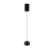 Moderne zwarte hanglamp met cilindrische kap, hangend aan het plafond, zijaanzicht
