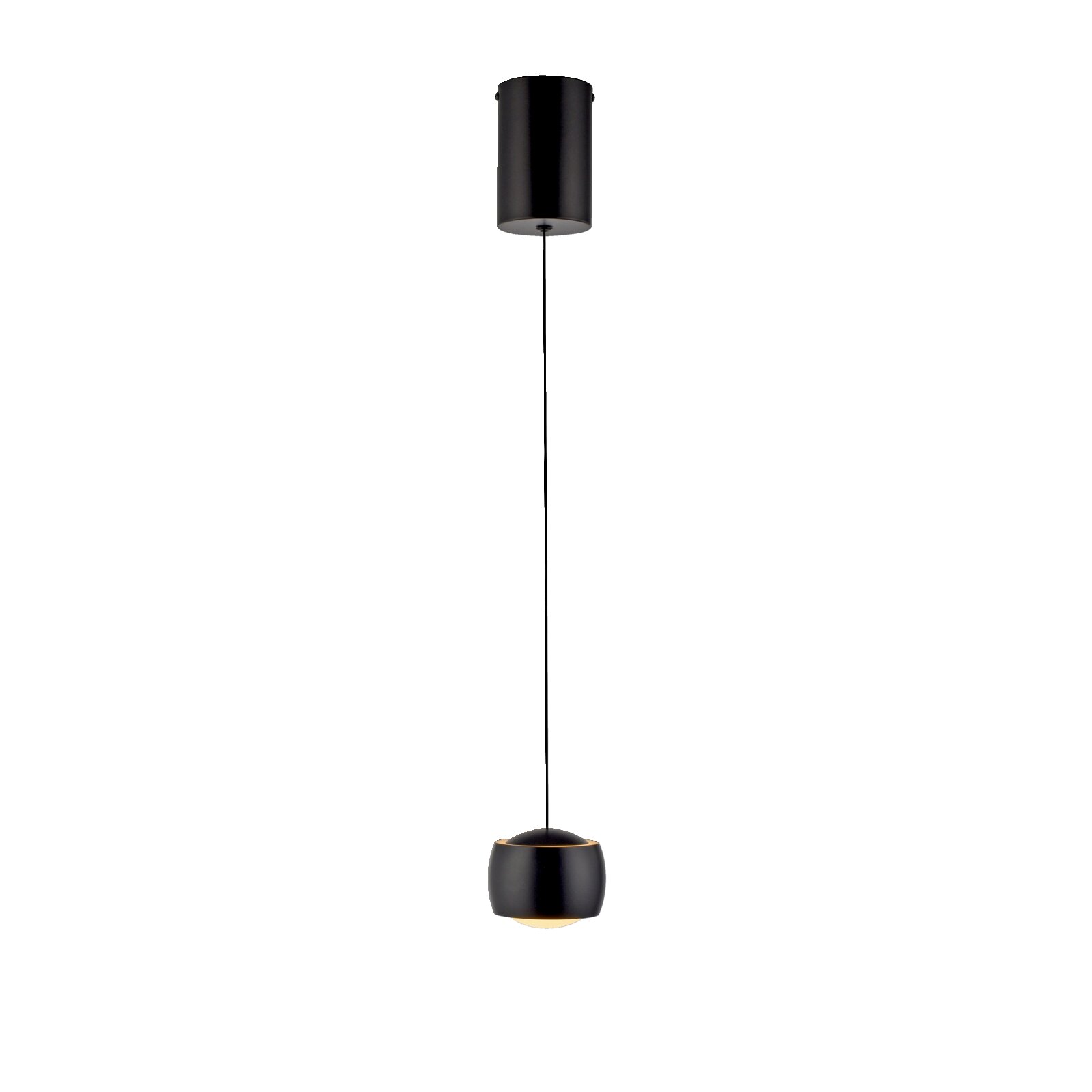 Moderne zwarte hanglamp met cilindrische kap, hangend aan het plafond, zijaanzicht