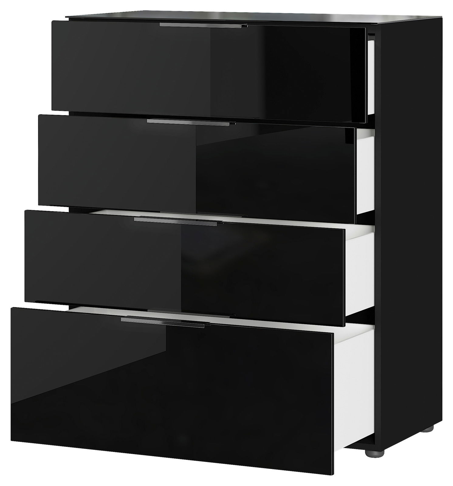 Schwarze Schubkastenkommode mit vier offenen Schubladen, seitliche Perspektive