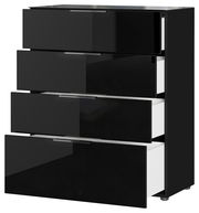 Schwarze Schubkastenkommode mit vier offenen Schubladen, seitliche Perspektive