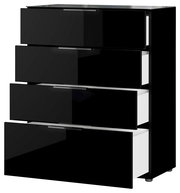 Schwarze Schubkastenkommode mit vier offenen Schubladen, seitliche Perspektive