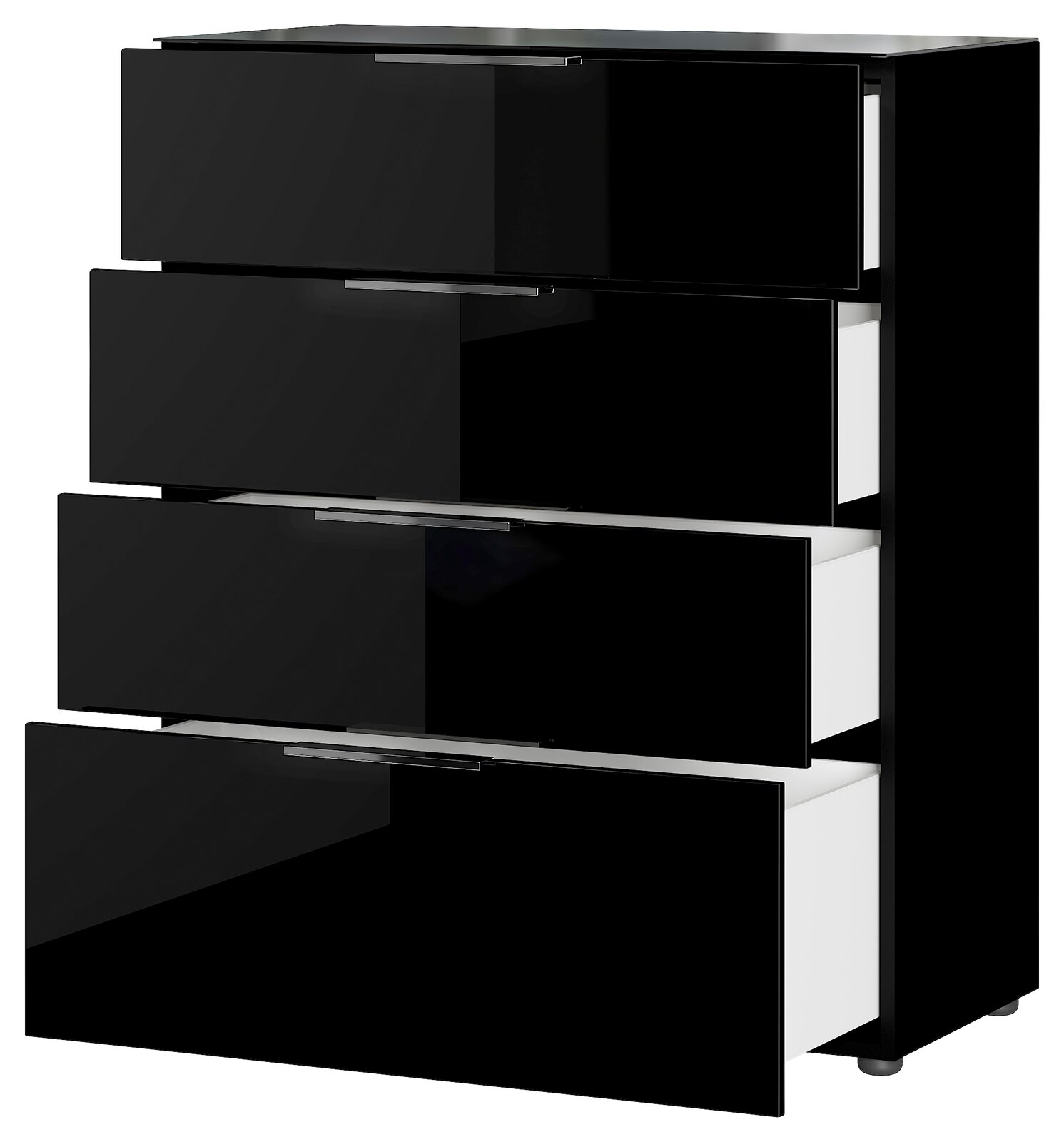 Schwarze Schubkastenkommode mit vier offenen Schubladen, seitliche Perspektive