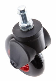 Nahaufnahme einer Hartbodenrolle mit schwarzem Gehäuse und rotem Rad, seitliche Perspektive