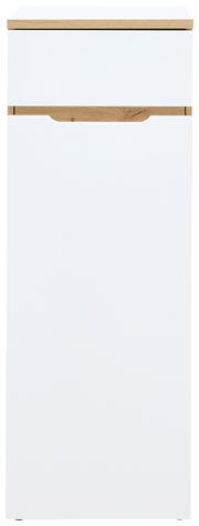 Vorderansicht eines niedrigen, schmalen Aktenschranks mit weißer Front und Holzdetails.