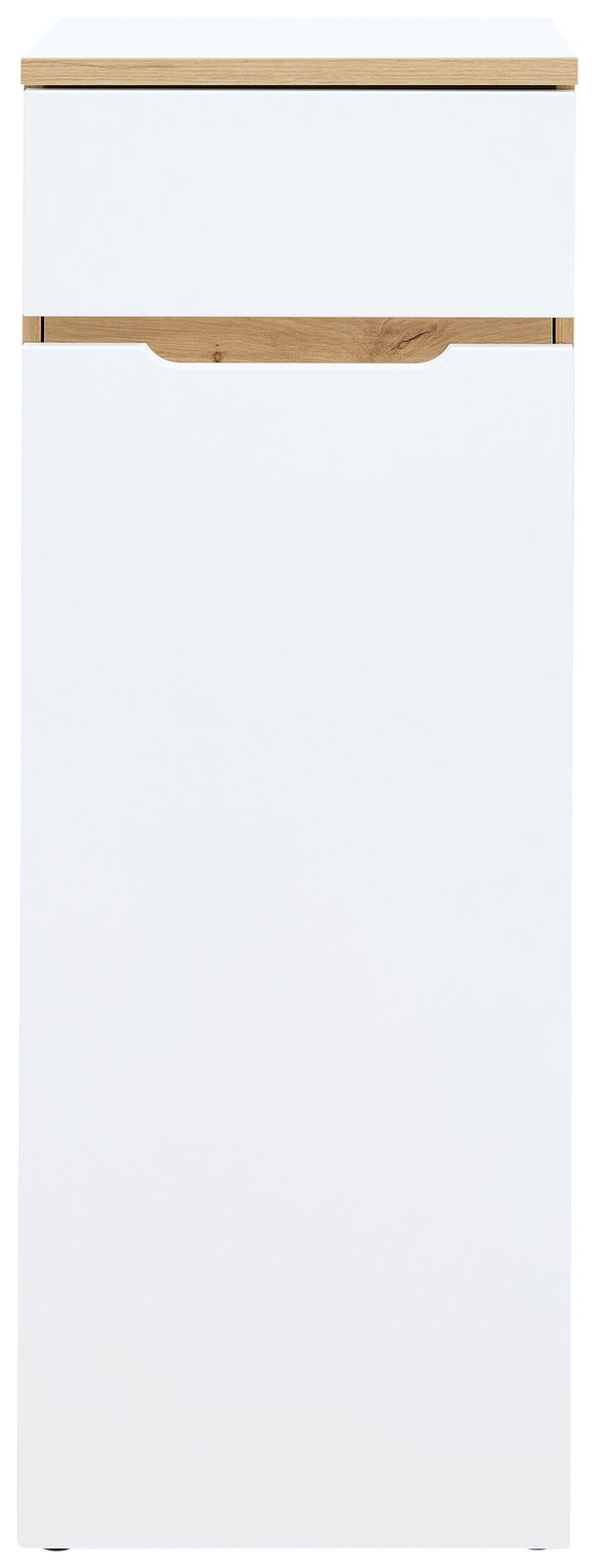 Vorderansicht eines niedrigen, schmalen Aktenschranks mit weißer Front und Holzdetails.