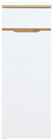 Vorderansicht eines niedrigen, schmalen Aktenschranks mit weißer Front und Holzdetails.