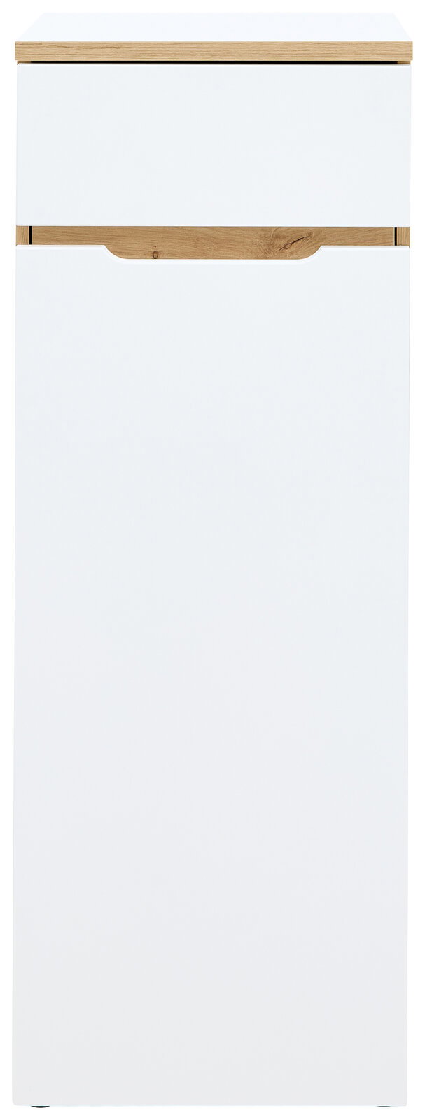 Vorderansicht eines niedrigen, schmalen Aktenschranks mit weißer Front und Holzdetails.