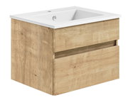 Waschtisch mit Holzoptik und weißem Waschbecken, seitliche Perspektive