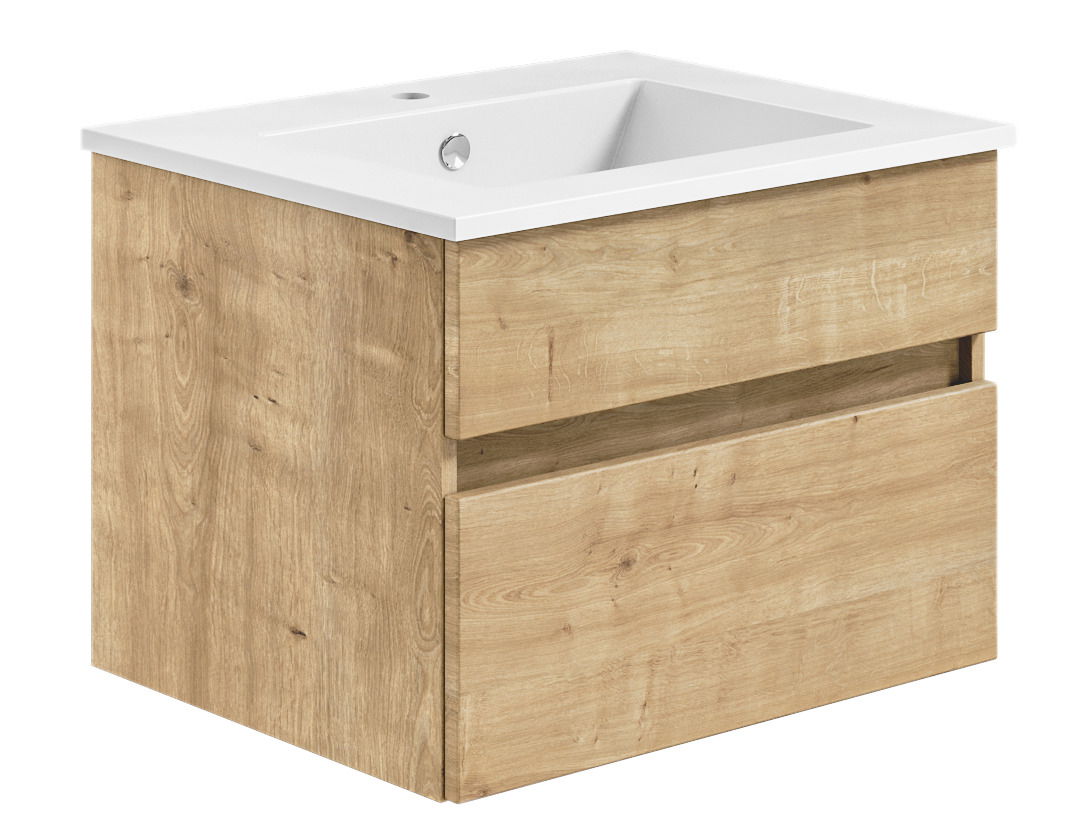 Waschtisch mit Holzoptik und weißem Waschbecken, seitliche Perspektive