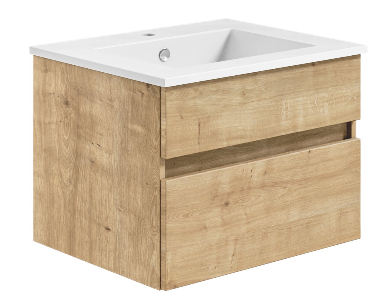 Waschtisch mit Holzoptik und weißem Waschbecken, seitliche Perspektive