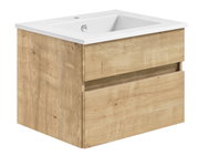 Waschtisch mit Holzoptik und weißem Waschbecken, seitliche Perspektive
