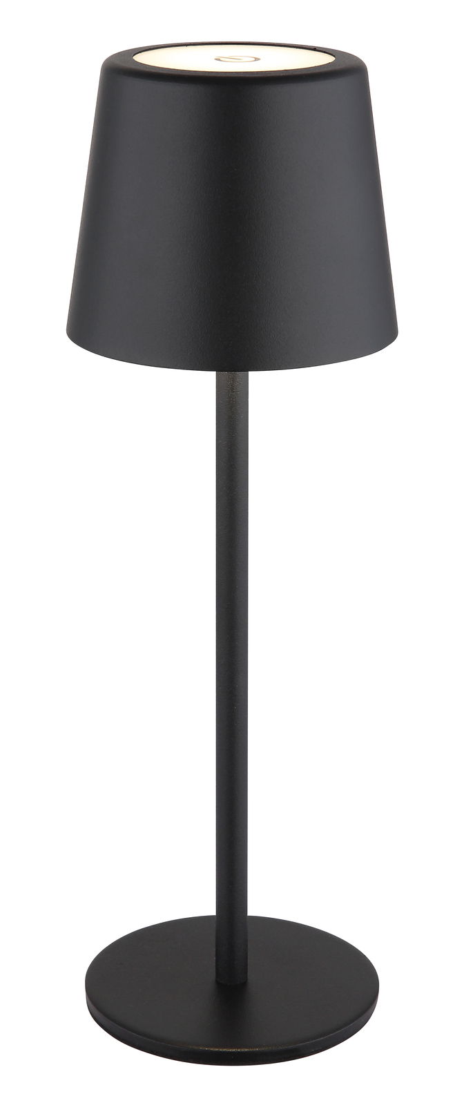 Schwarze Tischleuchte mit schlichtem, modernem Design, seitliche Perspektive