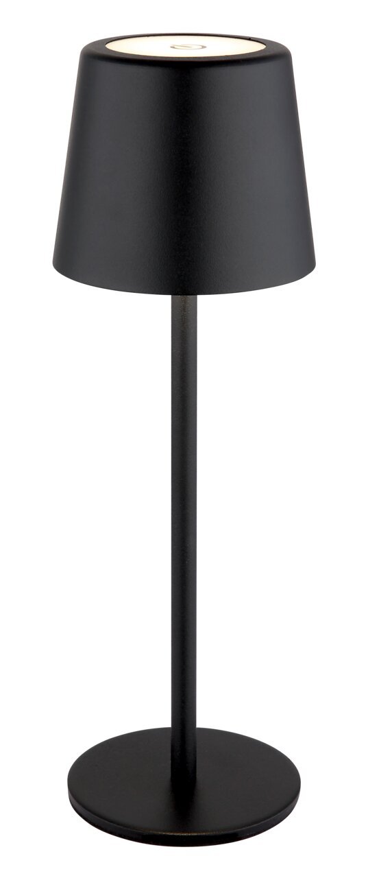 Schwarze Tischleuchte mit schlichtem, modernem Design, seitliche Perspektive