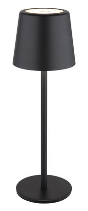 Schwarze Tischleuchte mit schlichtem, modernem Design, seitliche Perspektive