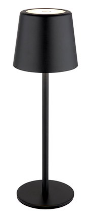Schwarze Tischleuchte mit schlichtem, modernem Design, seitliche Perspektive
