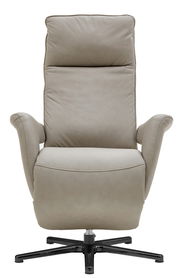 Beiger Relaxsessel aus Leder mit hoher Rückenlehne und Armlehnen, frontal fotografiert.