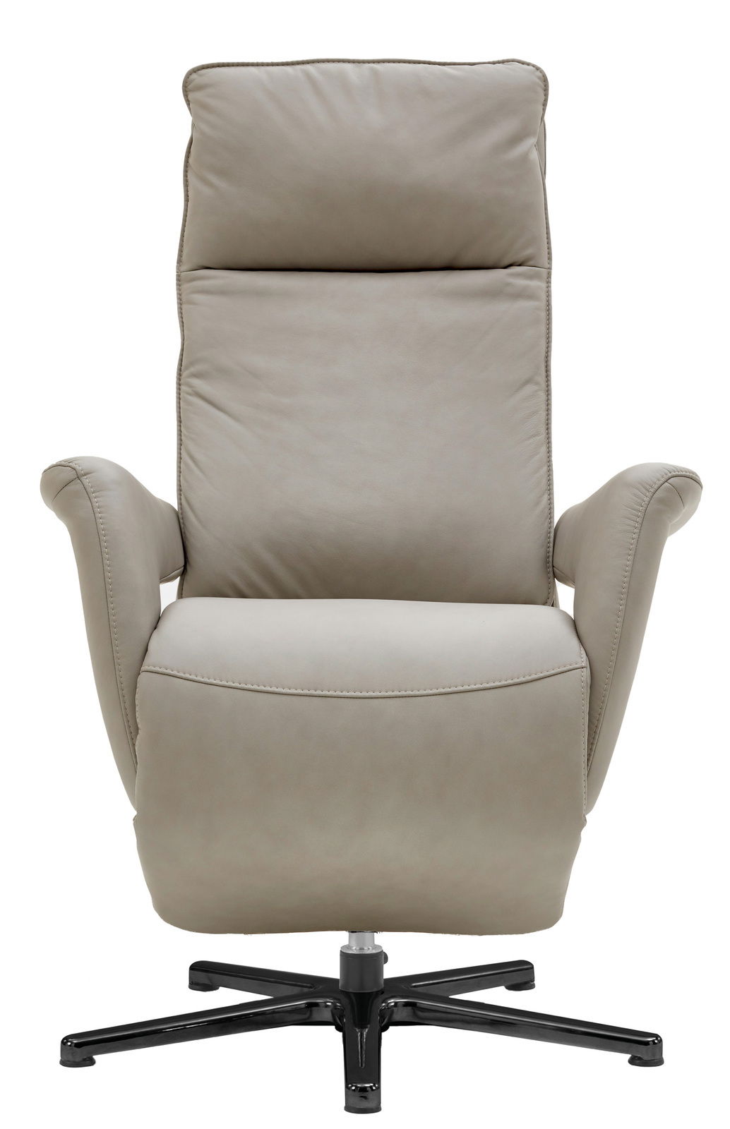 Beiger Relaxsessel aus Leder mit hoher Rückenlehne und Armlehnen, frontal fotografiert.