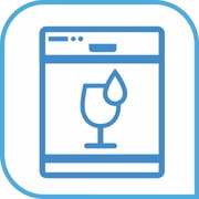 Symbol eines Weinglases mit einem Wassertropfen, das auf eine Spülmaschine hinweist, aus der Frontalperspektive.
