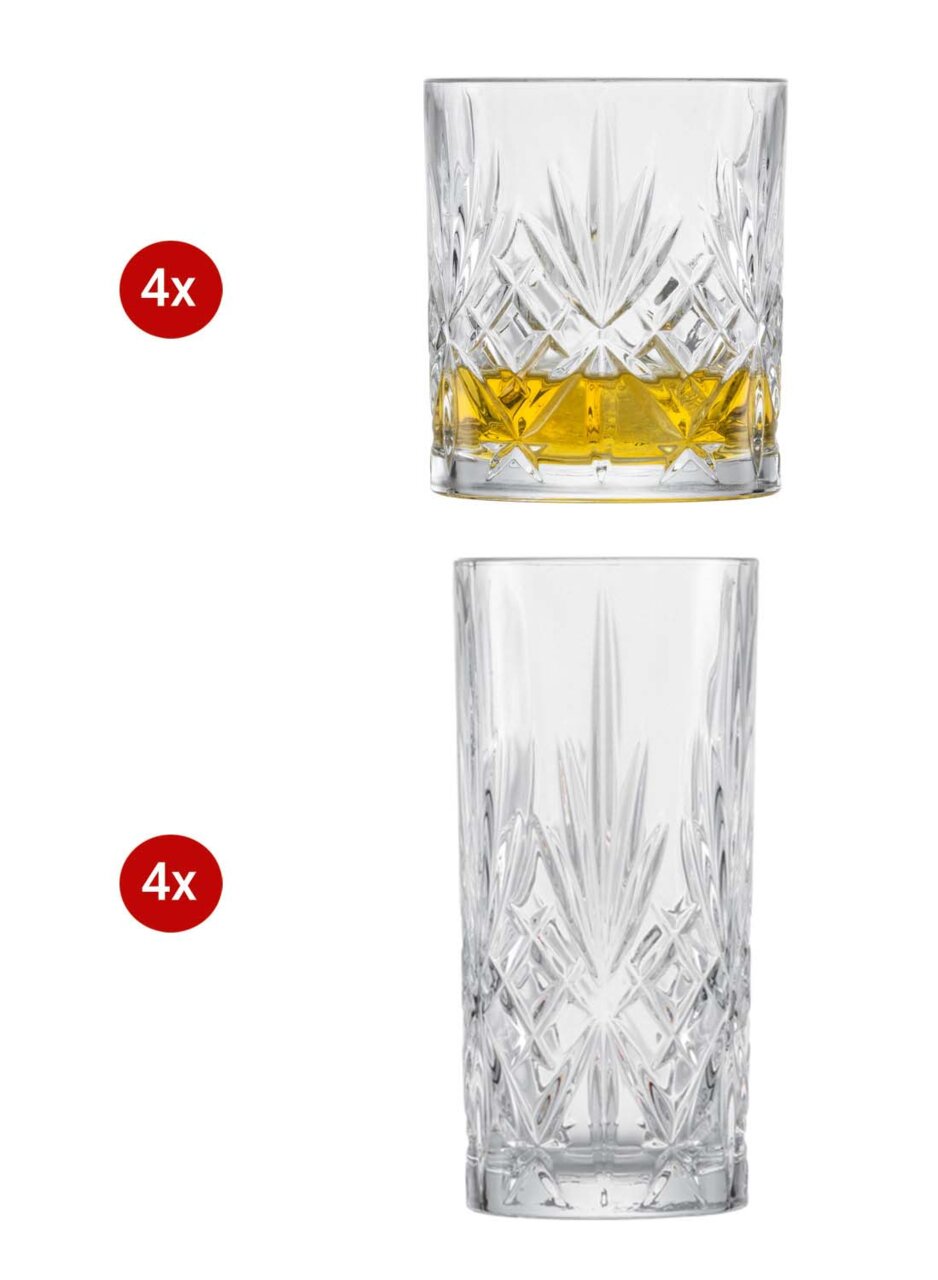 SCHOTT ZWIESEL Becherset 8-tlg. Show Zwei Arten von Kristallgläsern, jeweils viermal abgebildet, aus der Seitenperspektive. Ein kurzes Glas mit gelber Flüssigkeit und ein hohes, leeres Glas.