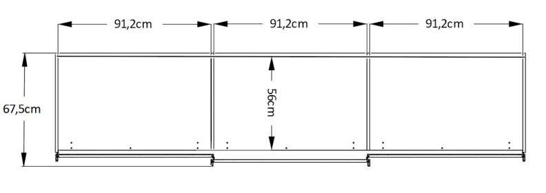 Technische Zeichnung eines Schwebetürenschranks mit den Maßen 67,5 cm Höhe und 91,2 cm Breite pro Segment, Frontansicht.