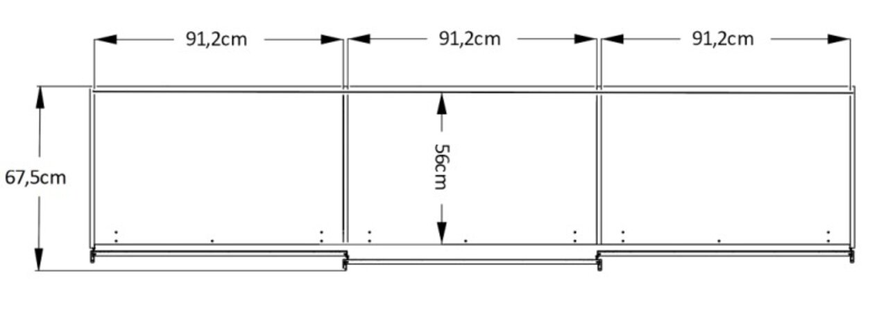 Technische Zeichnung eines Schwebetürenschranks mit den Maßen 67,5 cm Höhe und 91,2 cm Breite pro Segment, Frontansicht.