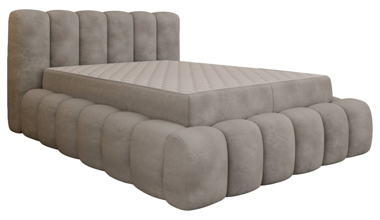 Polsterbett in grauem Stoff mit gepolstertem Kopfteil und abgerundeten Kanten, seitliche Perspektive