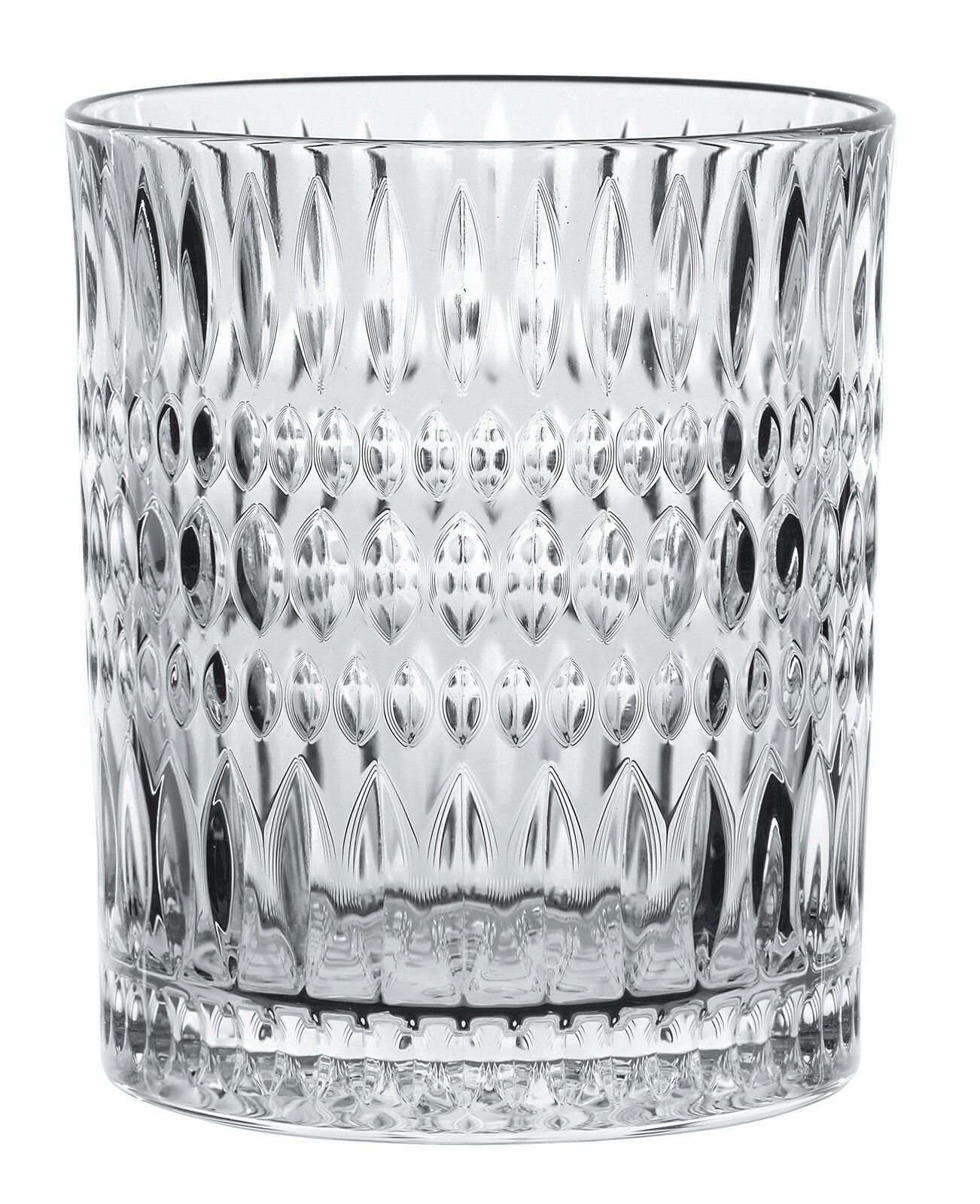 Transparenter Becher mit Ethno-Muster, seitliche Perspektive