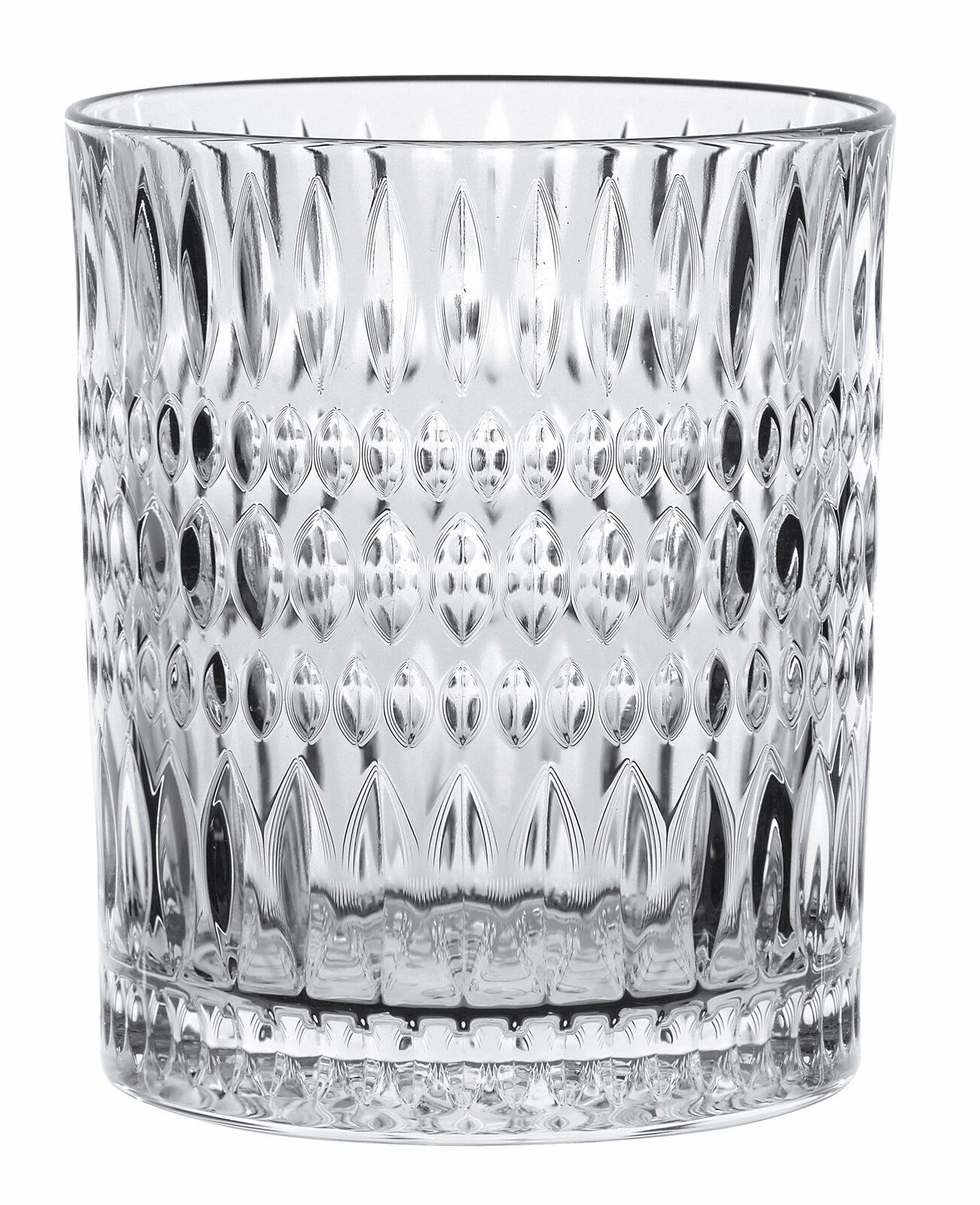 Transparenter Becher mit Ethno-Muster, seitliche Perspektive