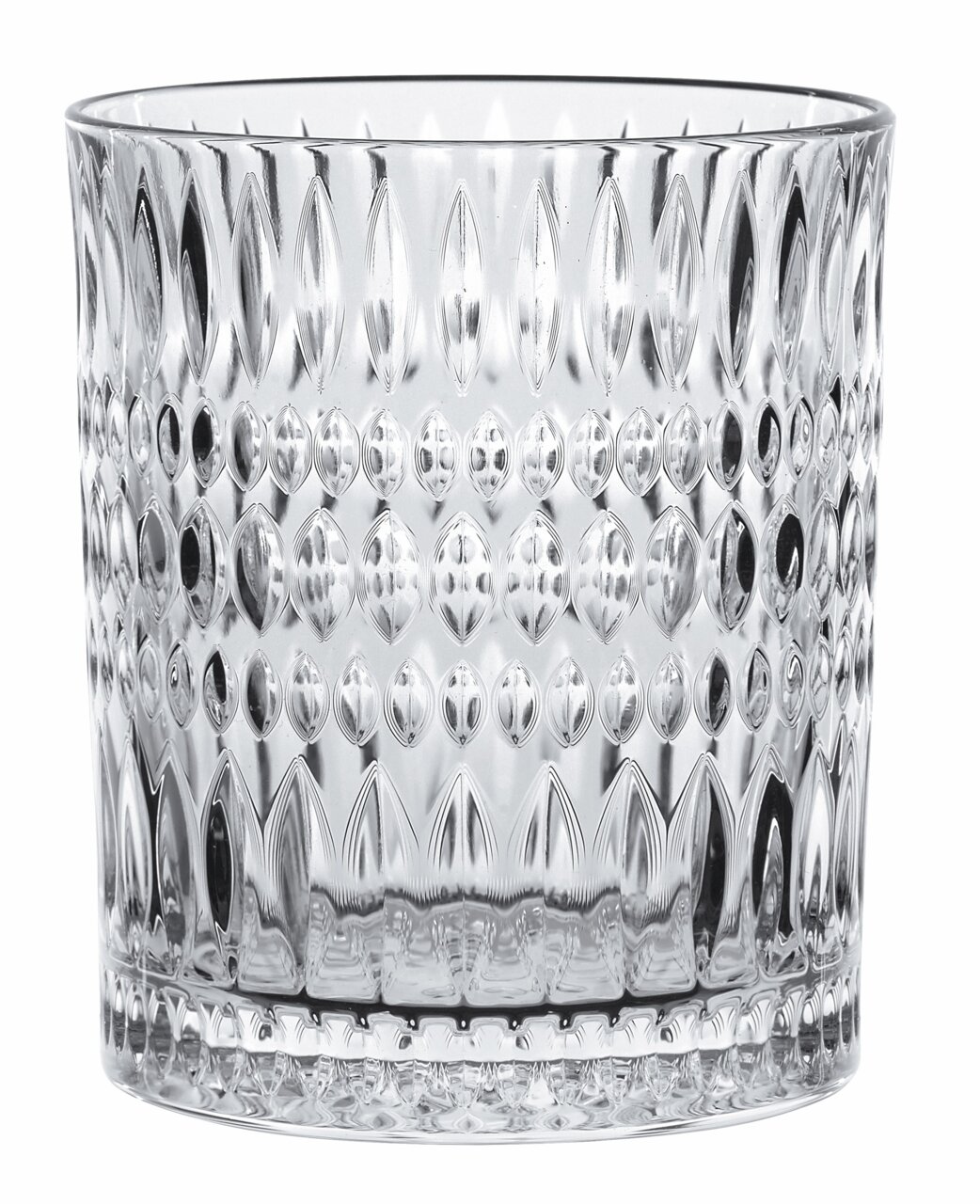Transparenter Becher mit Ethno-Muster, seitliche Perspektive